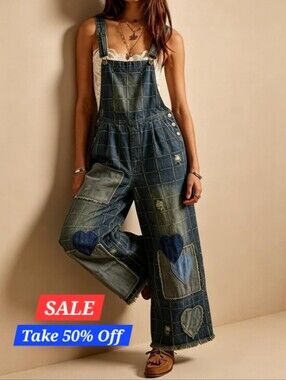 Dark Blue Patchwork Heart Denim Wide Leg  Overalls. NWT